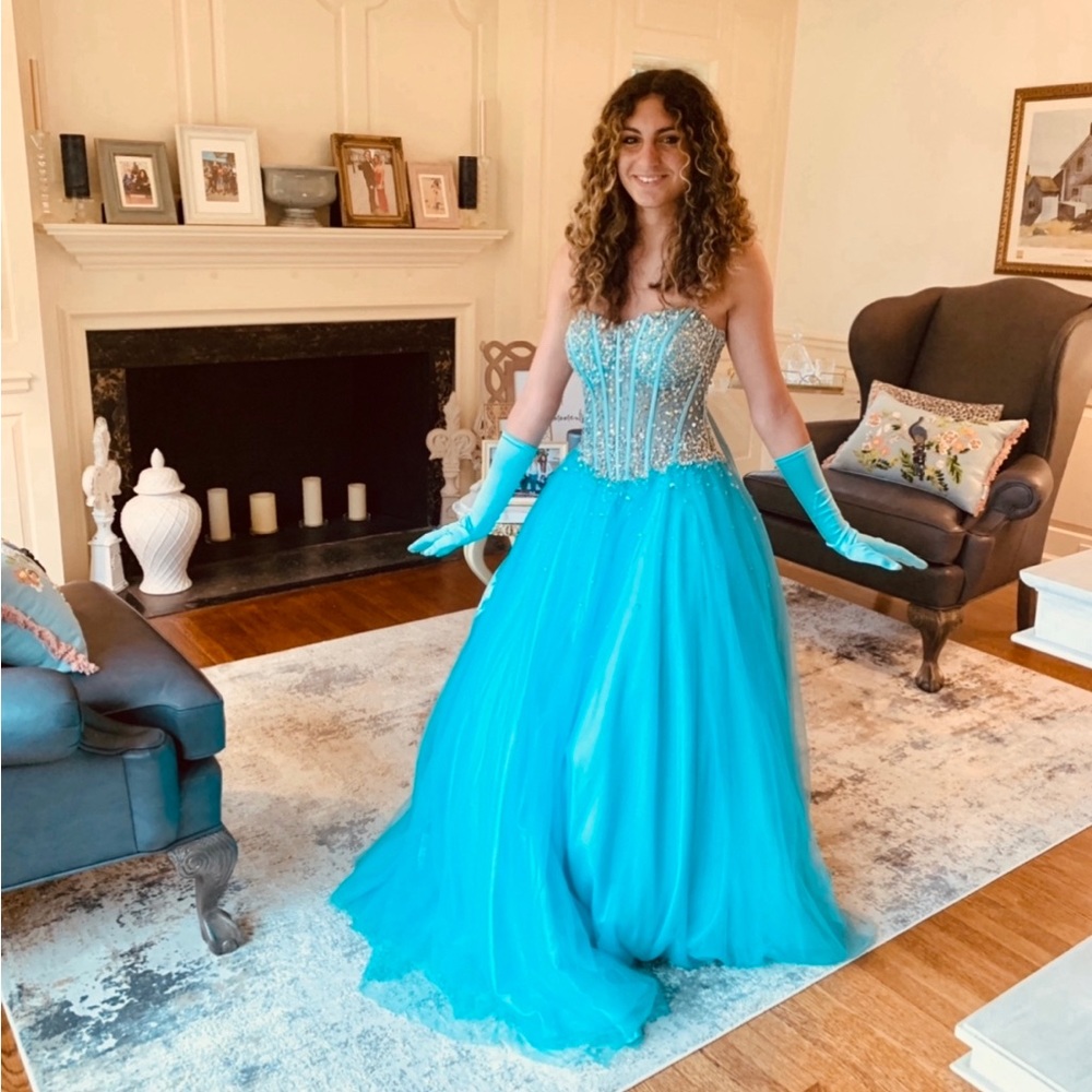 👗Jovani Sweetheart Illusion Rhinestone Corset Ballgown Size 0 Tiffany Blue👗